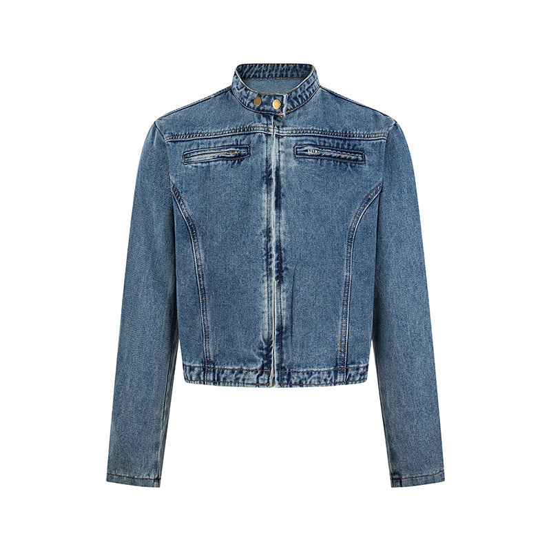 Women's short tailored denim jacket with stand-up collar and hidden zipper Chichicherry