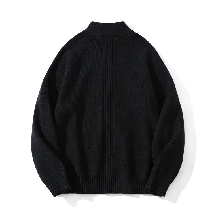 Unisex Coarse Knit Zip Cardigan with Stand-up Collar and Two-way Zipper Chichicherry