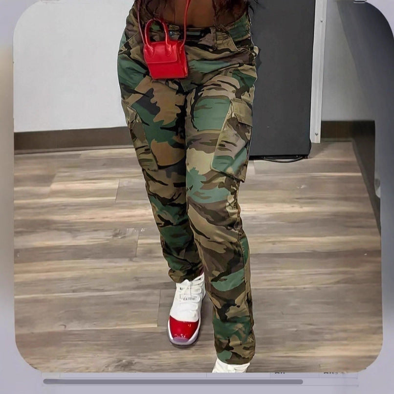 Women's cargo pants in camouflage look with high waist fit and slim leg line Chichicherry