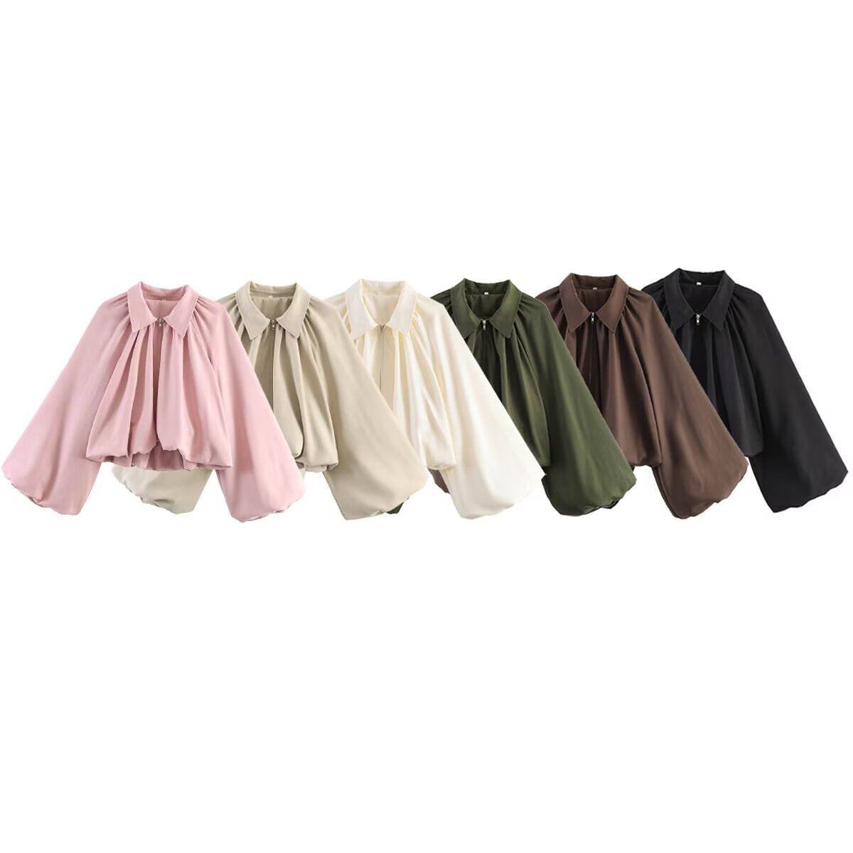Women’s short-cut blouse jacket with wide balloon sleeve and zipper Chichicherry