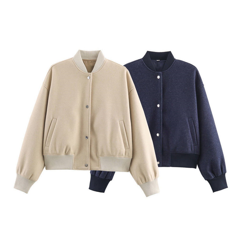 Ladies short boxy bomber jacket with ribbed collar, snap button closure, and pockets Chichicherry