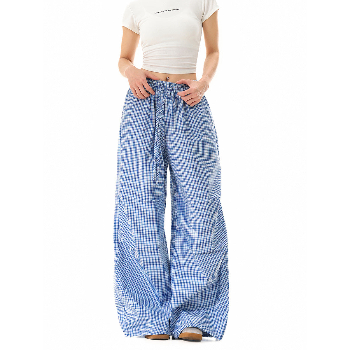 Women's wide cotton trousers with elastic waistband, check pattern and adjustable hem cord Chichicherry