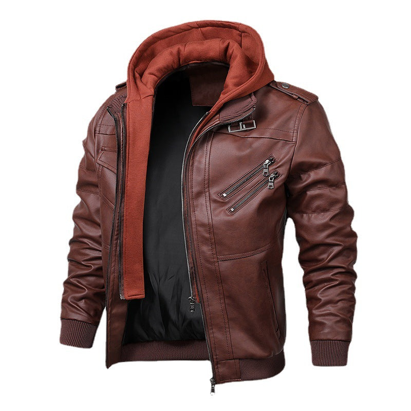 Men's faux leather flight jacket with integrated hood layer, zippered chest pocket, and ribbed cuffs Chichicherry