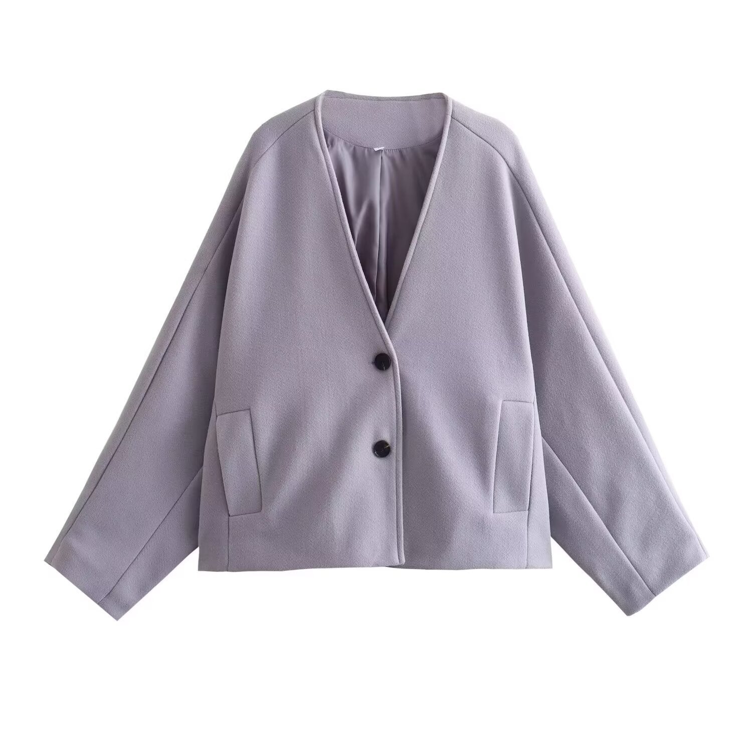 Ladies short coat made of wool blend with oversized silhouette, V-neck and double button closure Chichicherry