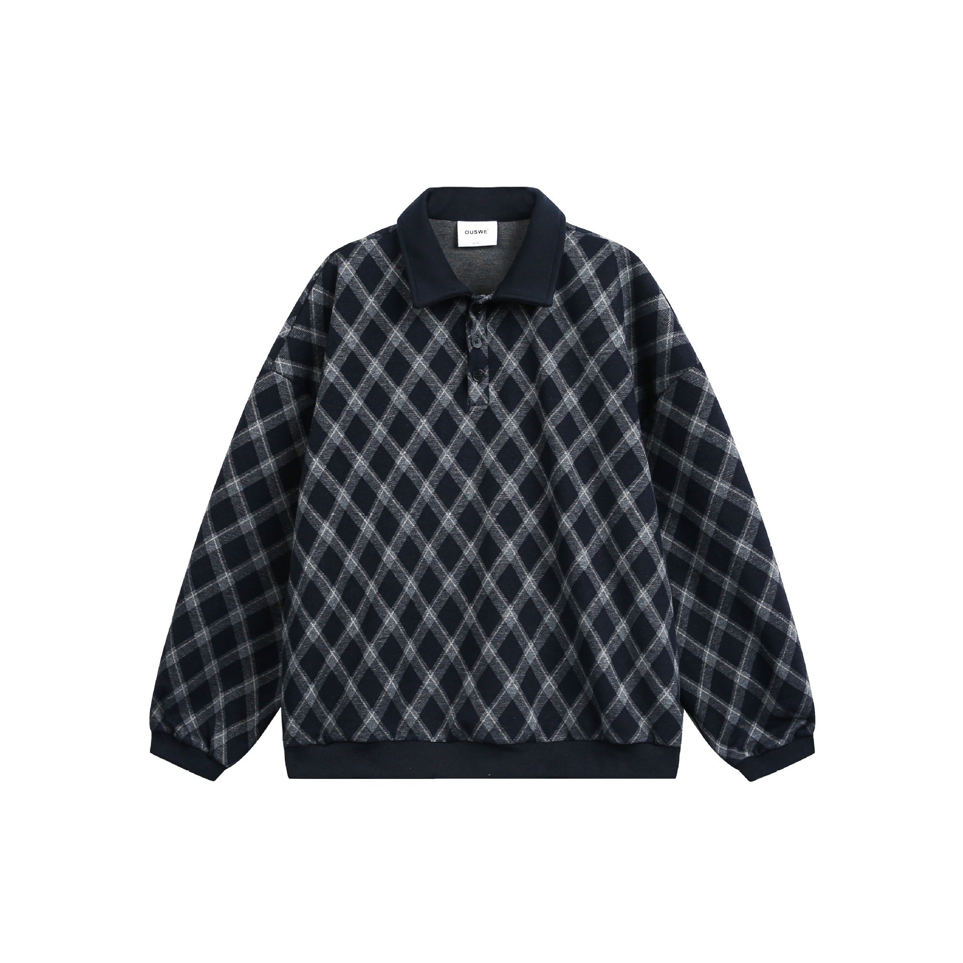 Women Checked Oversize Polo Sweater with Half Button Placket and Ribbed Cuffs Chichicherry