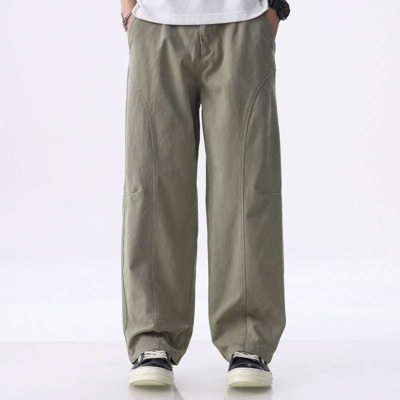 Men's Loose-Fitting Utility Pants with Wide Legs, Distinctive Decorative Stitching, and Elastic Waistband Chichicherry