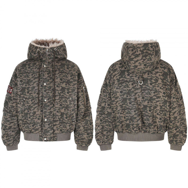 Unisex Oversized Padded Bomber Jacket with Hood and Faux Fur Trim Chichicherry