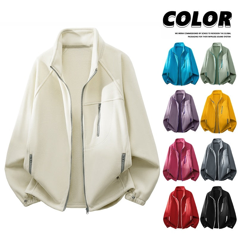 Unisex Lightweight Fleece Jacket with Stand-Up Collar, Raglan Sleeves and Multiple Zip Pockets Chichicherry