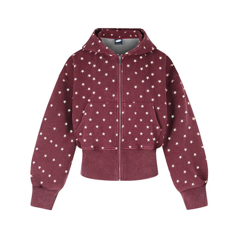 Women Short Hooded Sweat Jacket with Full Zip, Polka Dot Allover and Wide Ribbed Cuff Chichicherry