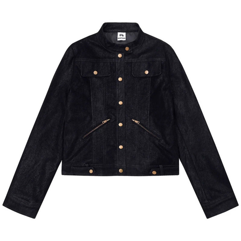 Women Short Cut Faux Leather Jacket in Vintage Moto Style Chichicherry