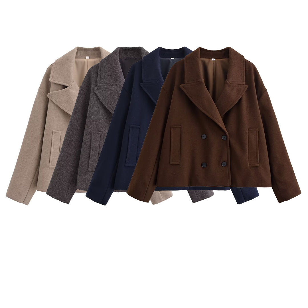 Women's Cropped Wool Blend Cab Jacket with Oversized Lapels and Patch Pockets Chichicherry