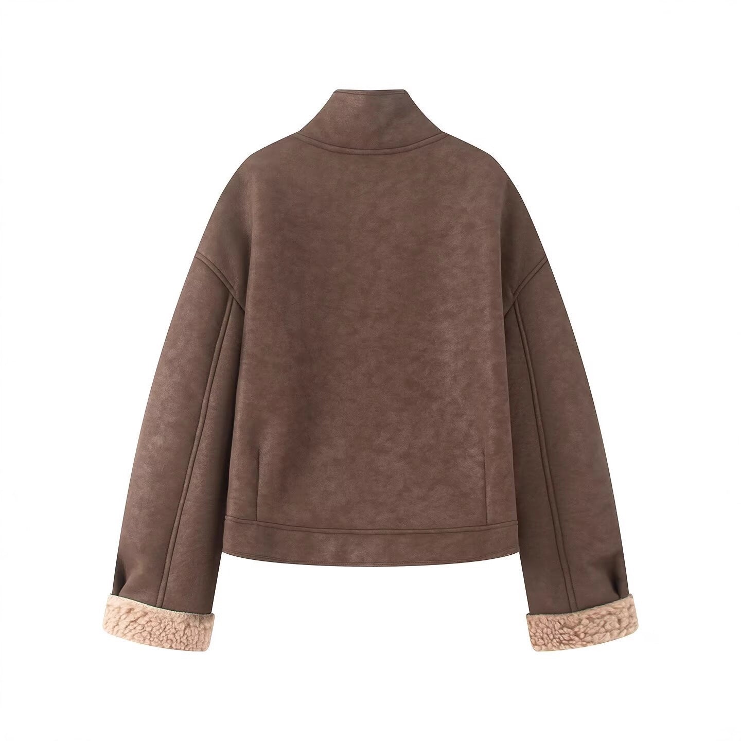 Women's short-cut artificial lambskin jacket with stand-up collar, button closure, and foldable faux-fur cuffs Chichicherry