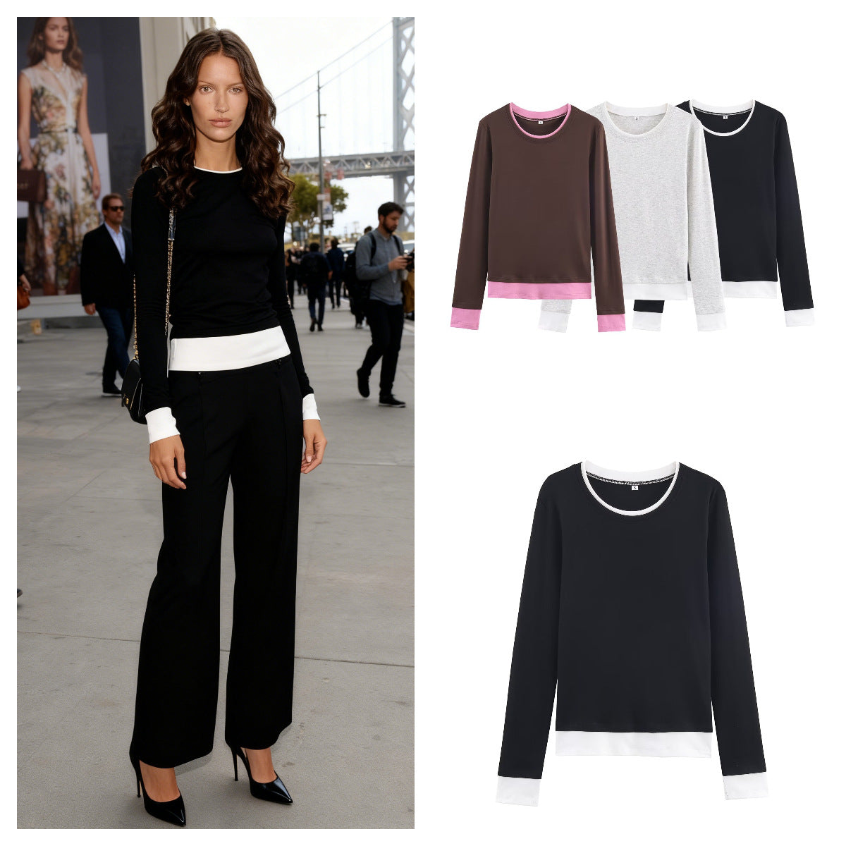 Women's Casual Long Sleeve Layering Shirt with Double Layer Hem and Set-in Cuffs Chichicherry