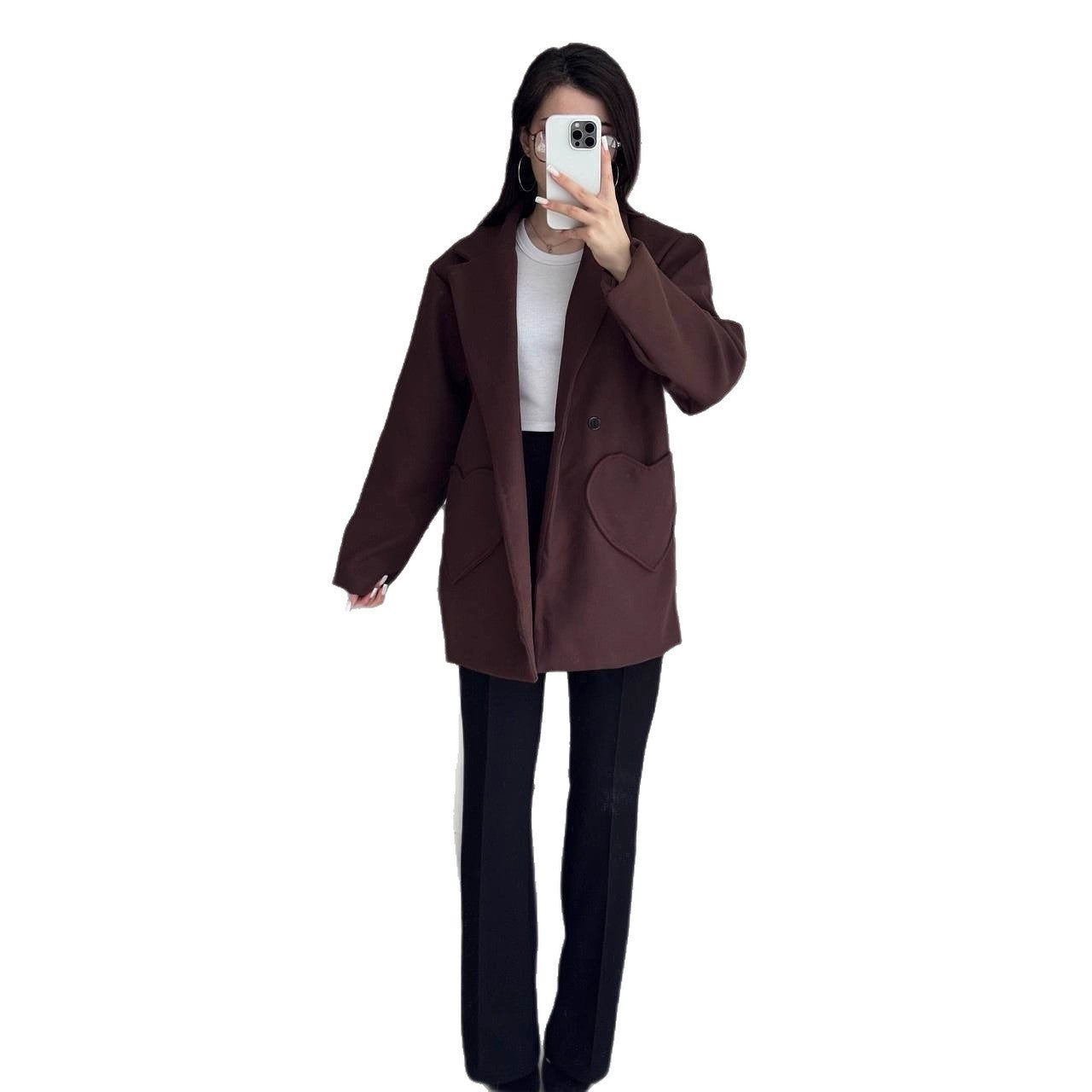 Damen Oversized Blazer-Mantel mit herzförmigen Taschen Chichicherry