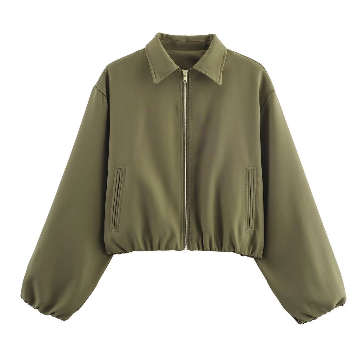 Women short jacket made of vegan leather with Kent collar, full-length zipper and gathered hem Chichicherry