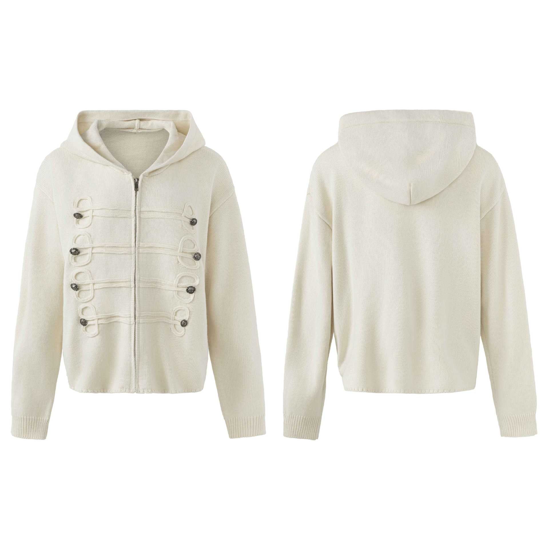 Women's Hooded Cardigan with Military Decorative Buttons and Zipper Chichicherry