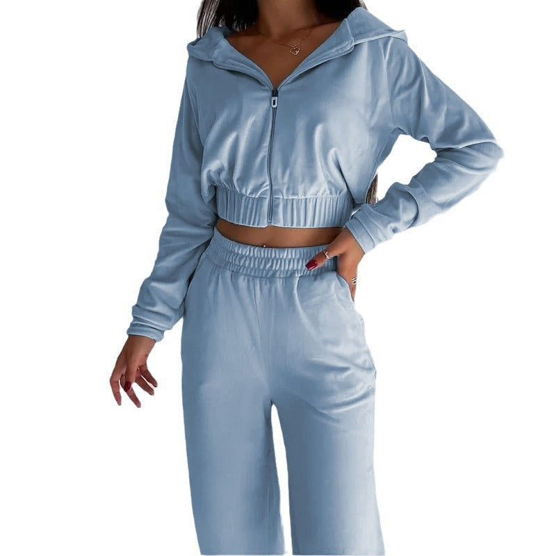 Damen Cropped Velours-Loungewear-Set mit Reißverschluss, Kapuze und High-Waist Jogpant Chichicherry