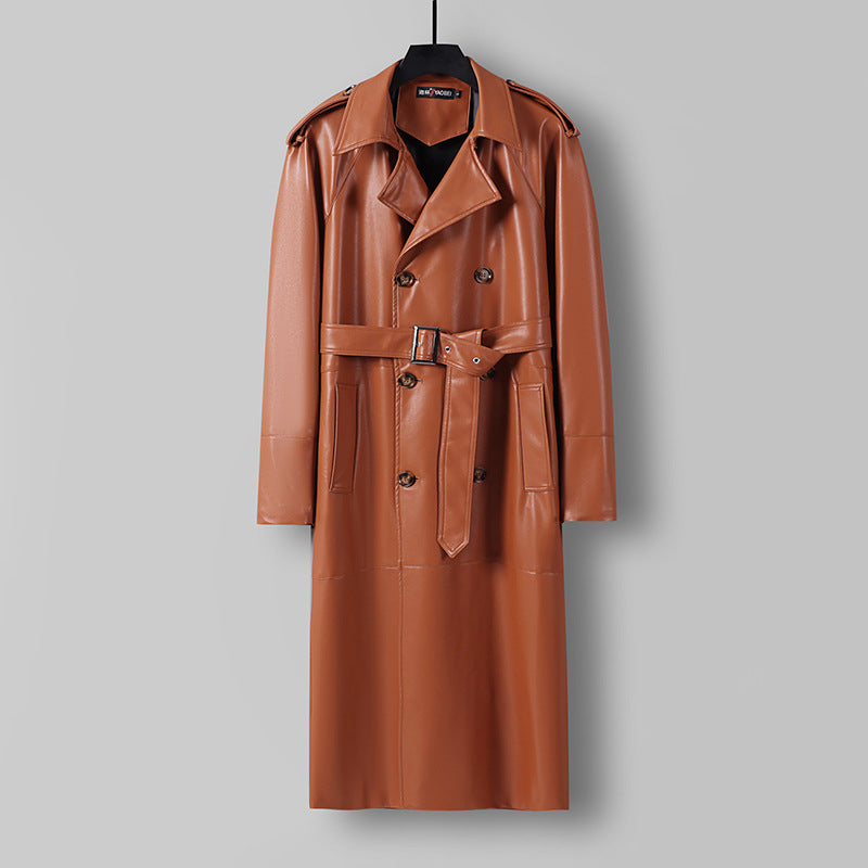 Men's Long Faux Leather Trench Coat with Double Breasted, Belted Waist and Epaulettes Chichicherry