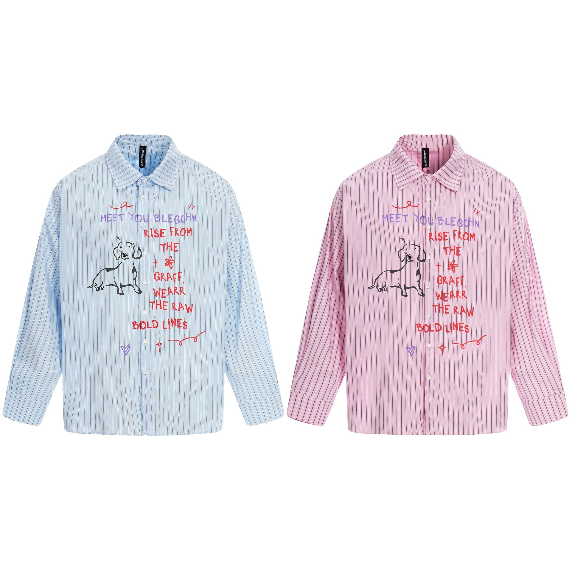 Women's Oversize Shirt Blouse with Striped Texture and Hand-Drawn Graphic Print Chichicherry