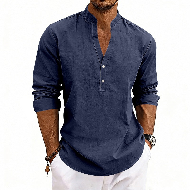Men's Casual Long Sleeve Shirt Made of Linen with Stand-Up Collar and Short Button Placket Chichicherry