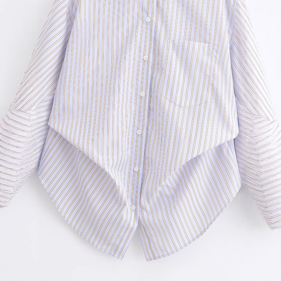 Women's Oversize Shirt Blouse with fine vertical stripes, chest pocket and rounded hem Chichicherry
