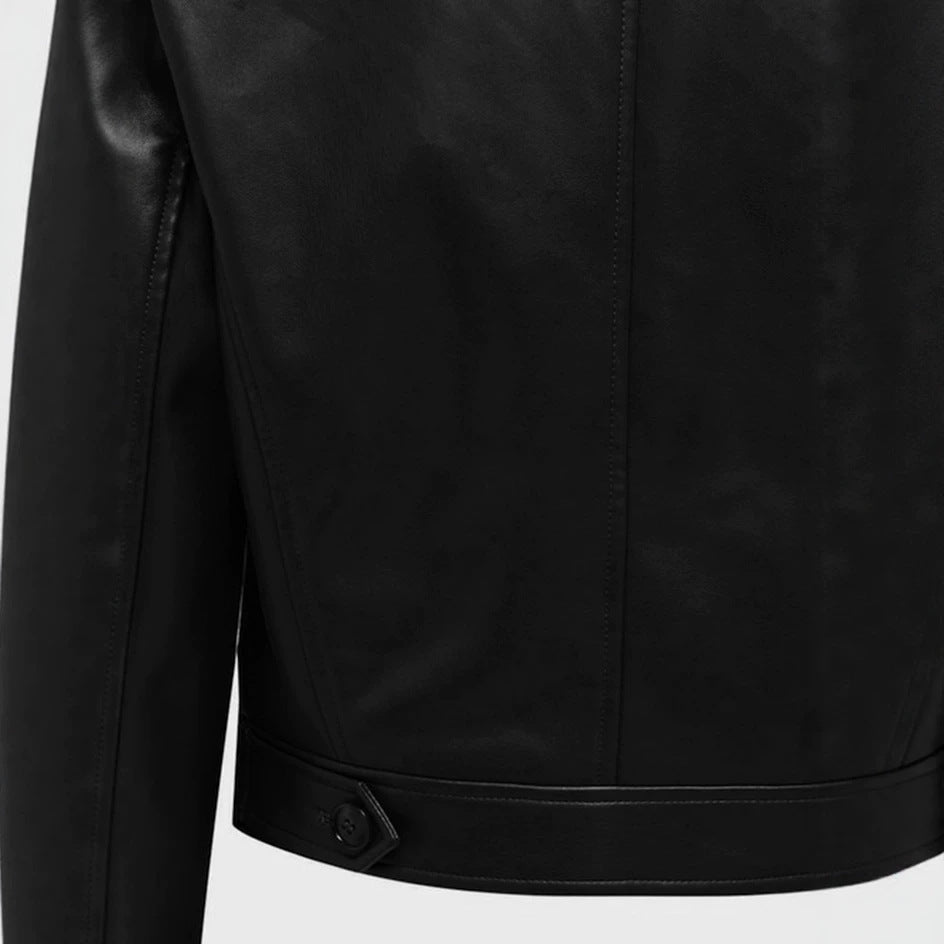 Women short cut double-breasted leather jacket with wide lapels Chichicherry