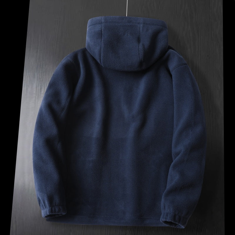 Men's fleece hooded jacket with warming microfleece lining, full-length zipper, and logo patches Chichicherry