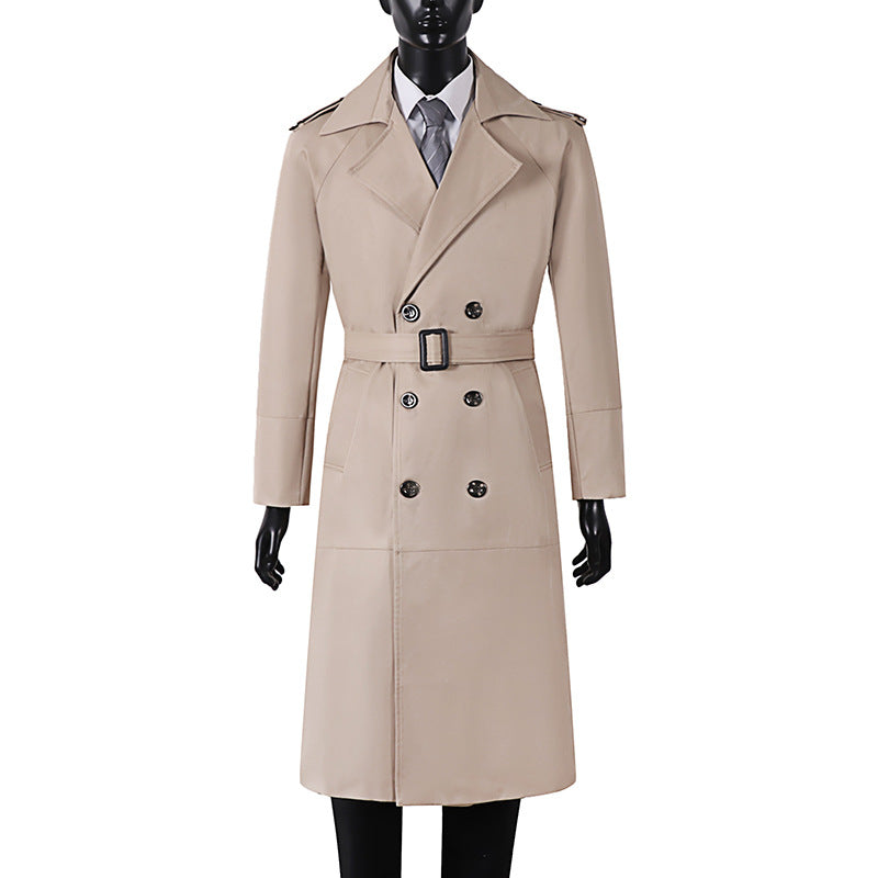 Men's Double-Breasted Trench Coat with Waist Belt and Shoulder Tabs Chichicherry