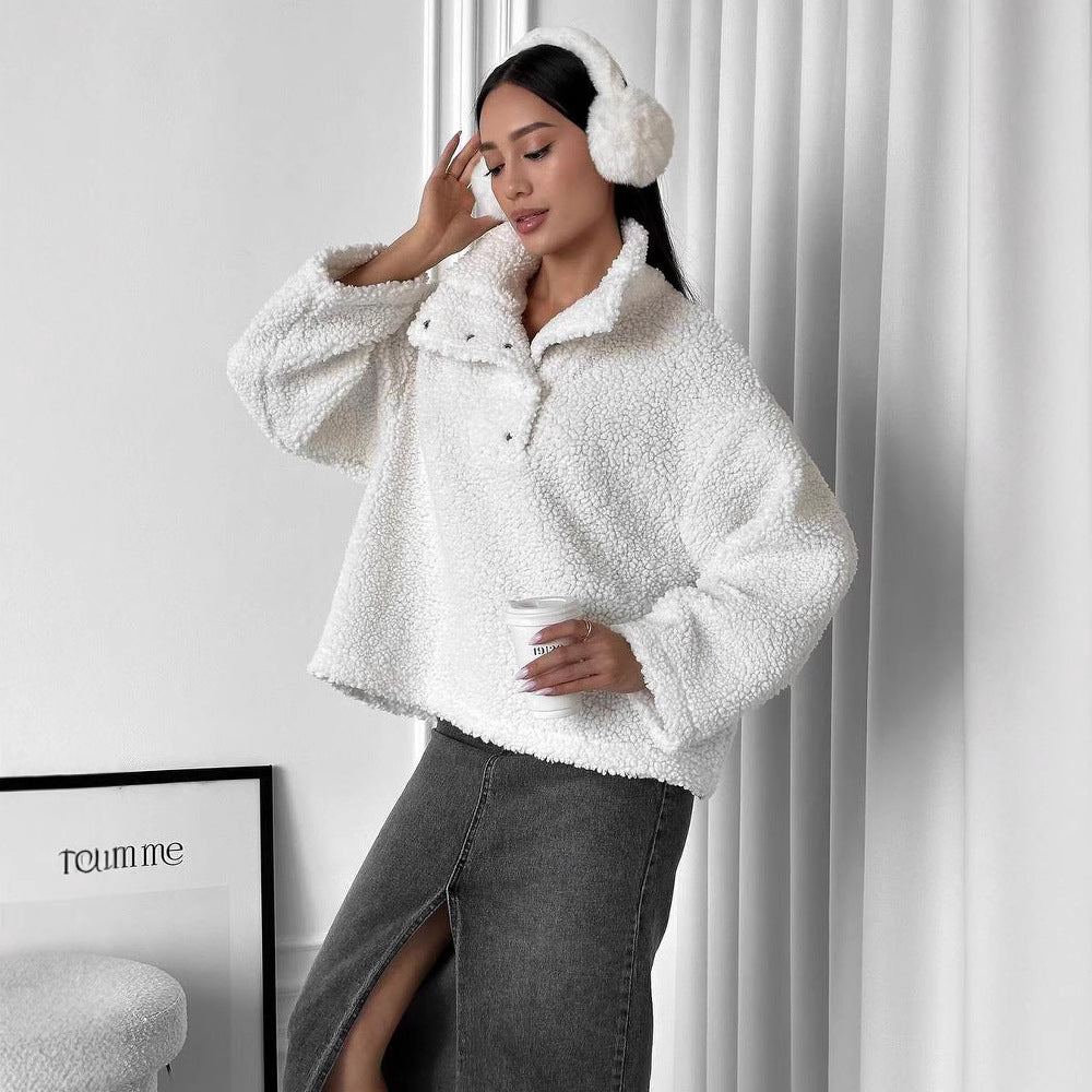 Damen Oversized Teddy-Pullover mit halber Druckknopfleiste und Stehkragen Chichicherry