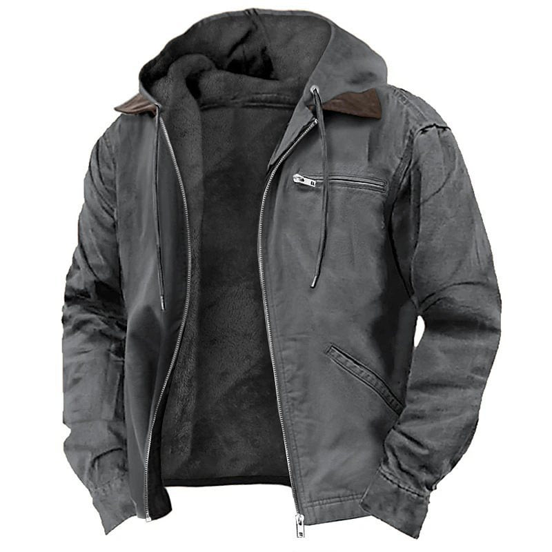 Men's Padded Hoodie Jacket with Teddy Lining, Windproof Canvas and Zipper Pockets Chichicherry