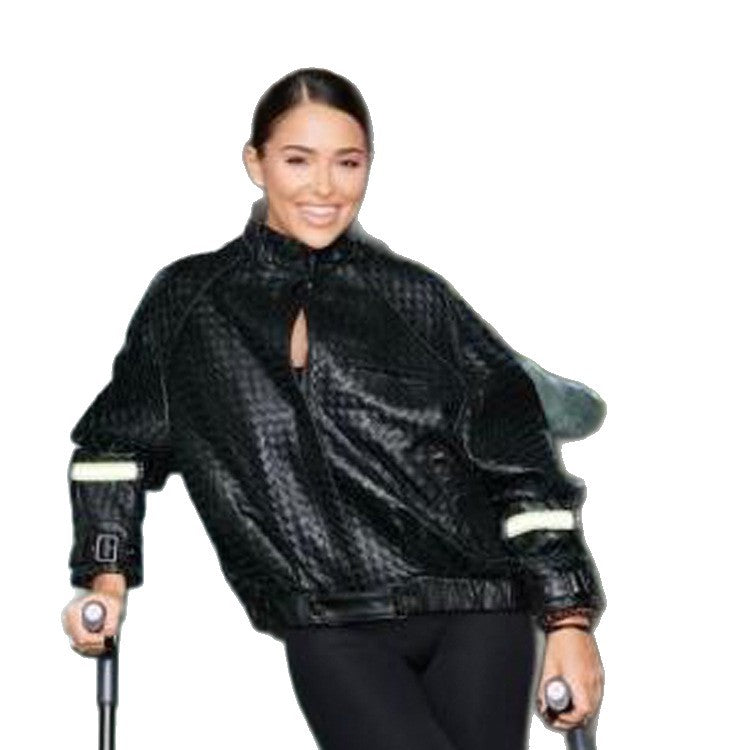 Women's Boxy Outdoor Bomber Jacket with High Collar and Reflective Cuffs Chichicherry
