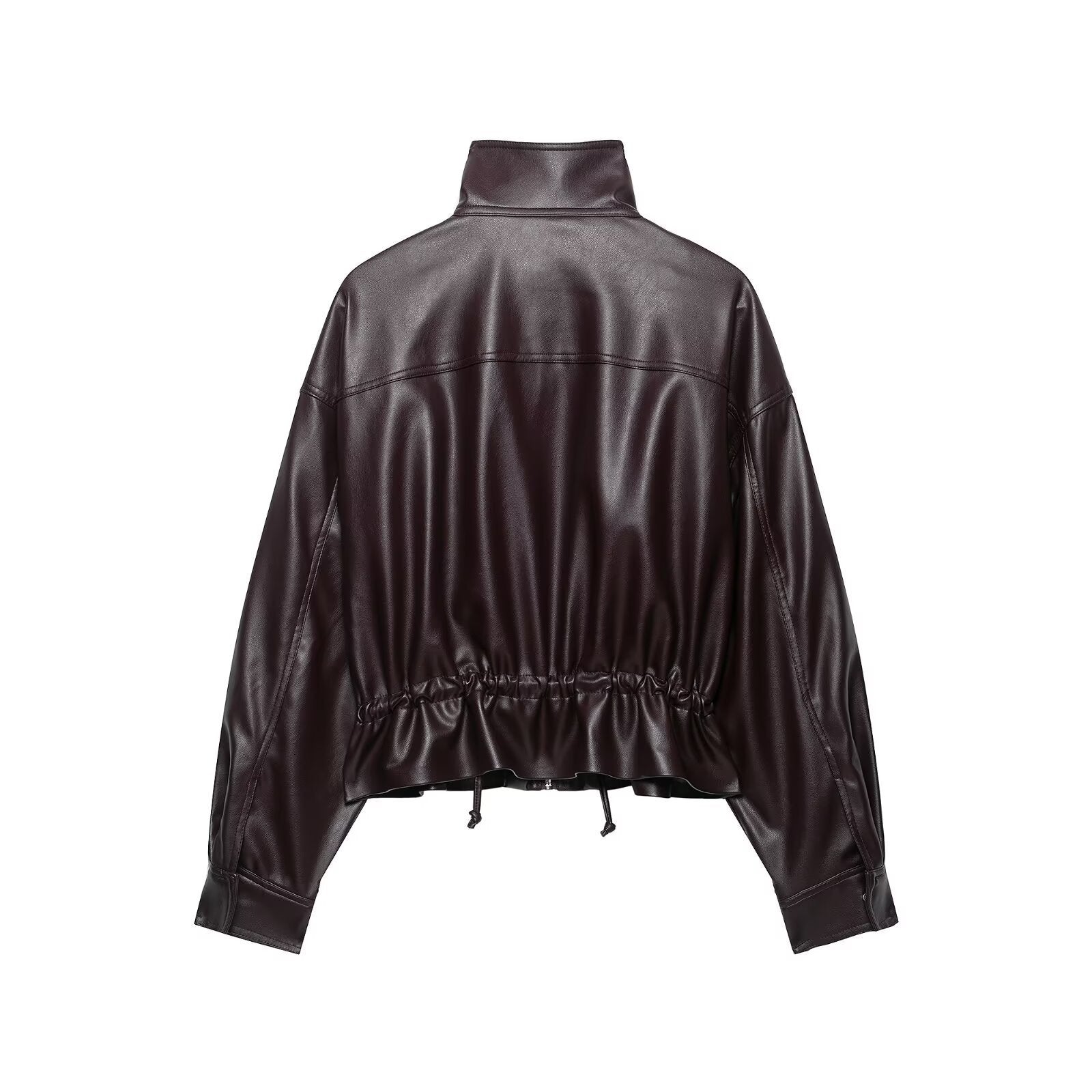 Women's cropped faux leather bomber jacket with drawstring waist Chichicherry