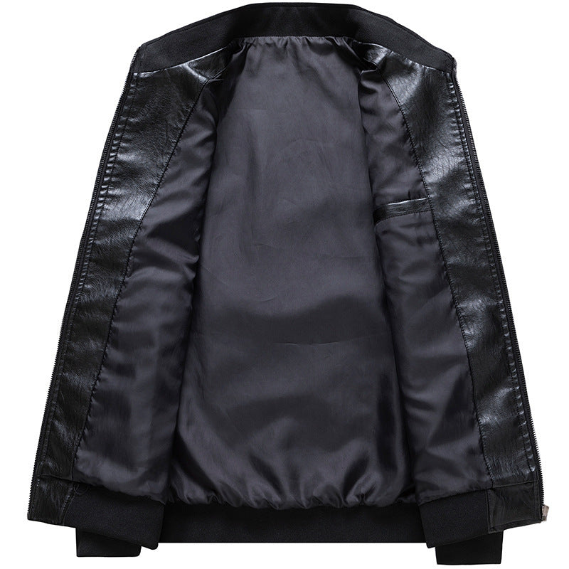 Men's Faux Leather Bomber Jacket with Ribbed Cuffs and Concealed Zipper Pockets Chichicherry