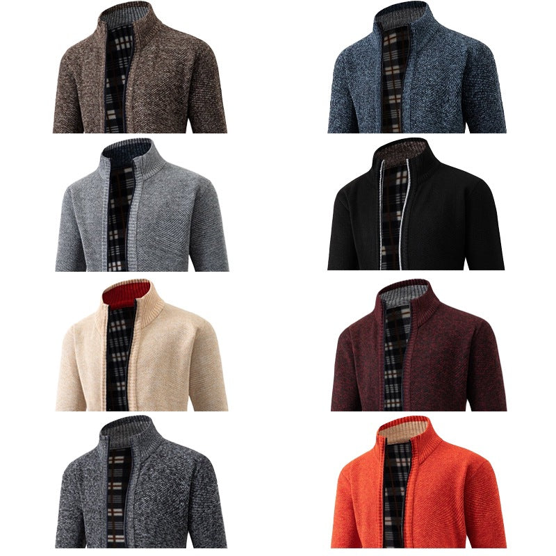 Men's Structured Zip Cardigan with Check Fleece Lining and Stand-Up Collar Chichicherry
