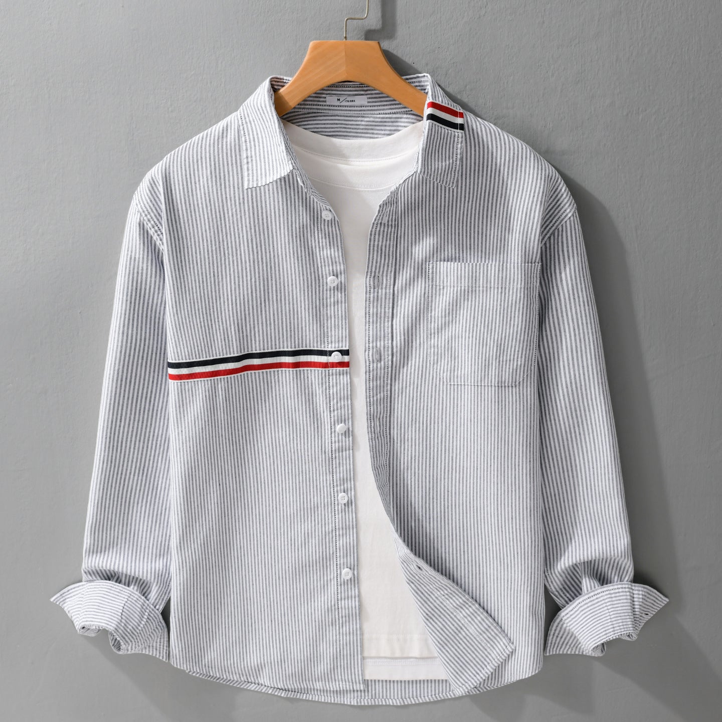 Men Striped Overshirt made of cotton blend with chest pocket and sporty contrast tape Chichicherry