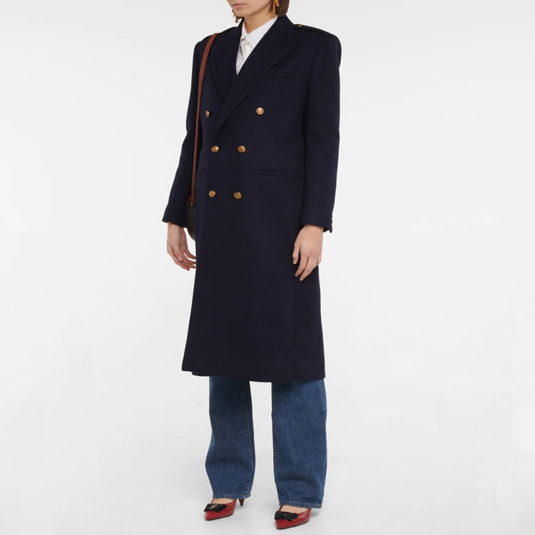 Women Double-breasted Wool Blend Long Coat with Epaulettes and Structured Tailoring Silhouette Chichicherry