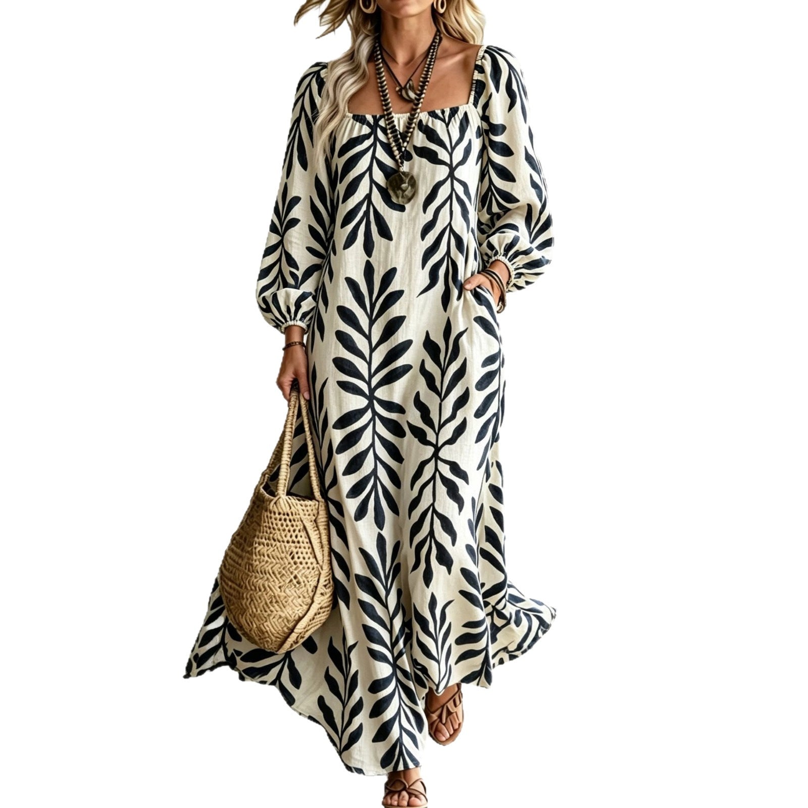 Women's maxi dress with square neckline, balloon sleeves and botanical print Chichicherry