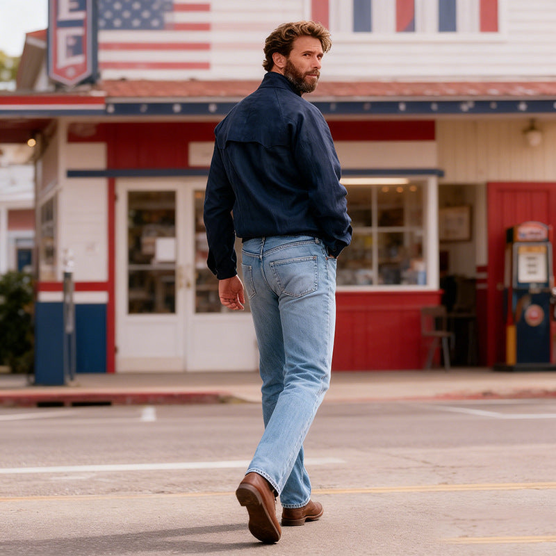 Men's Lightweight Zip Transition Jacket Made of Linen Blend with Stand-up Collar Chichicherry