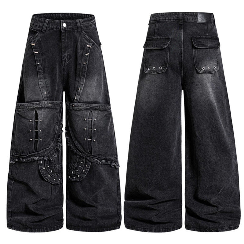 Women Wide High-Waist Denim Cargo Culotte with Rivets and Large Flap Pockets Chichicherry
