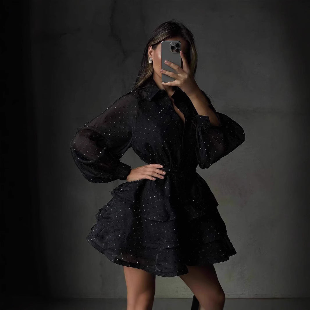 Women Transparent Ruffle Mini Dress with Shirt Collar, Balloon Sleeves and Waist Belt Chichicherry
