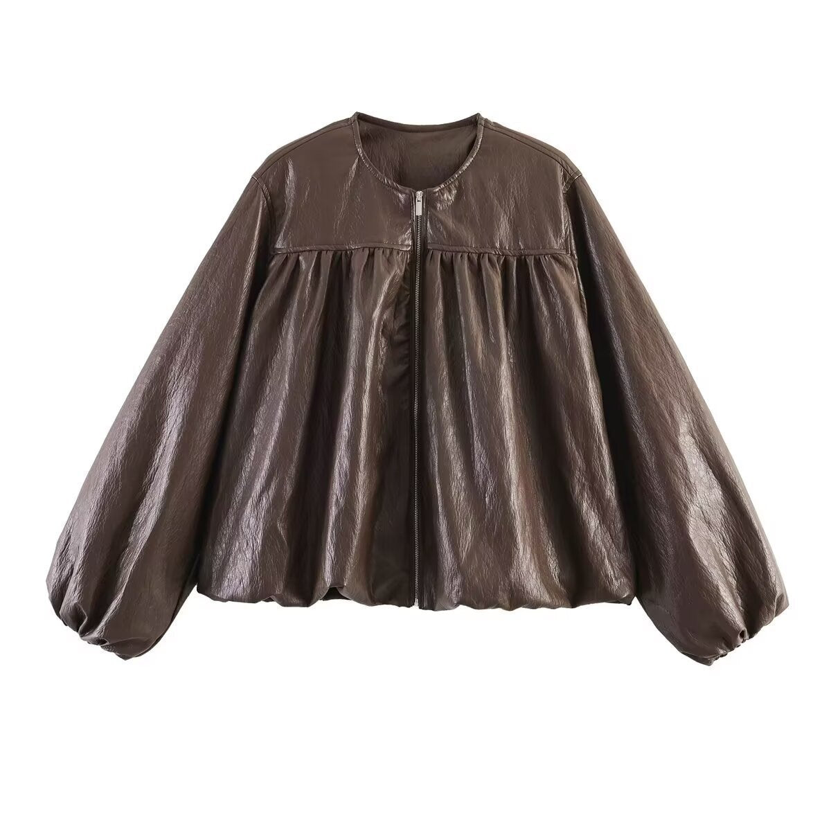 Women's short jacket made of faux leather with gathered yoke and balloon sleeves Chichicherry