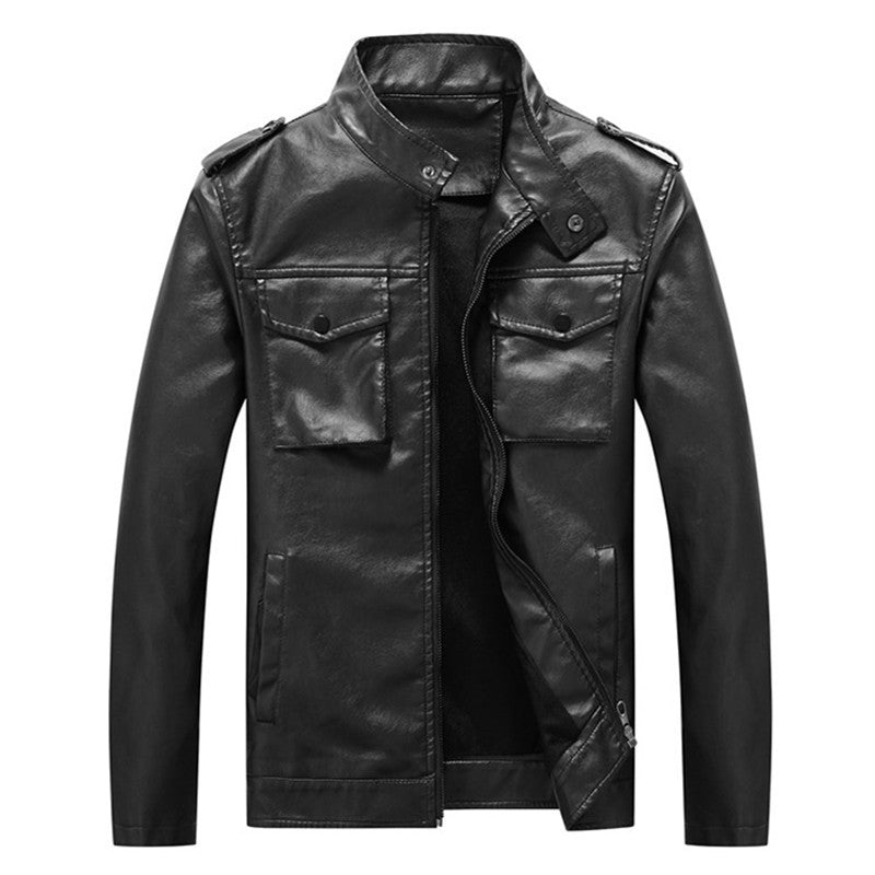 Men's slim artificial leather field blazer with stand-up collar, chest flap pockets, and zipper Chichicherry