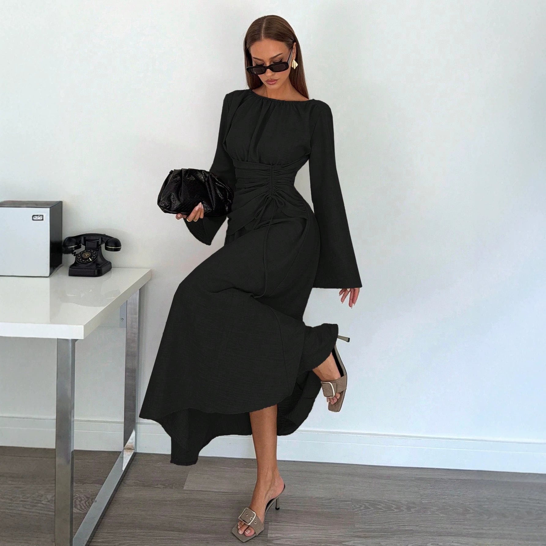 Ladies Max Dress with gathered waist lacing and bell sleeves Chichicherry