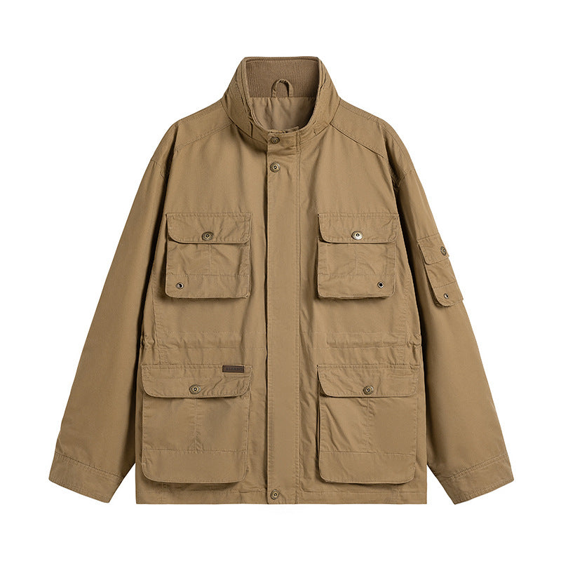 Men's Robust Utilitarian Field Jacket with Multiple Applied Pockets and Stand-Up Collar Chichicherry
