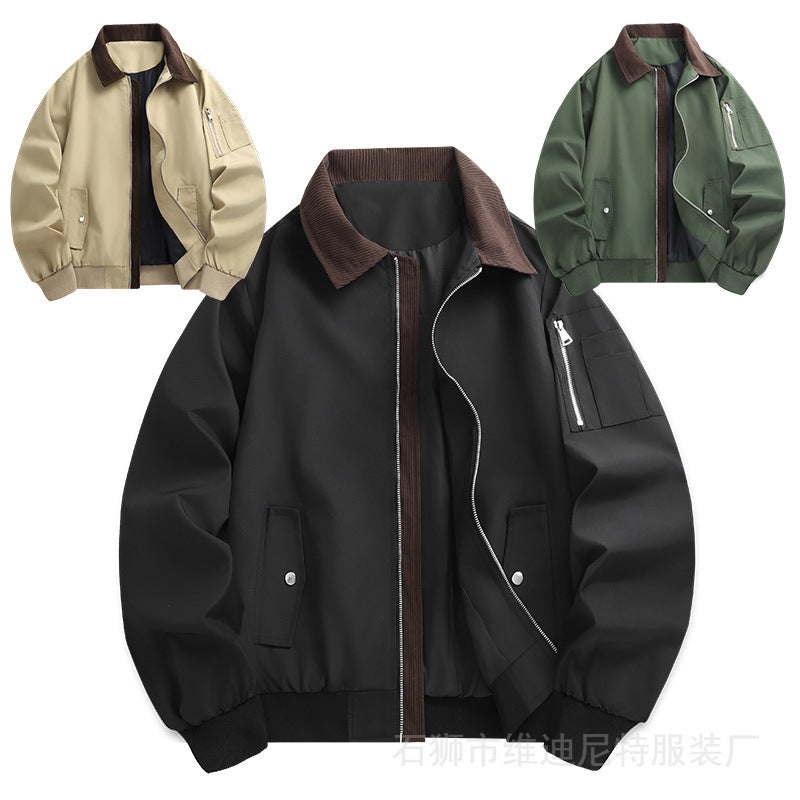 Men's Windproof Bomber Jacket with Cord Collar, Two-Way Zipper and Sleeve Utility Pocket Chichicherry