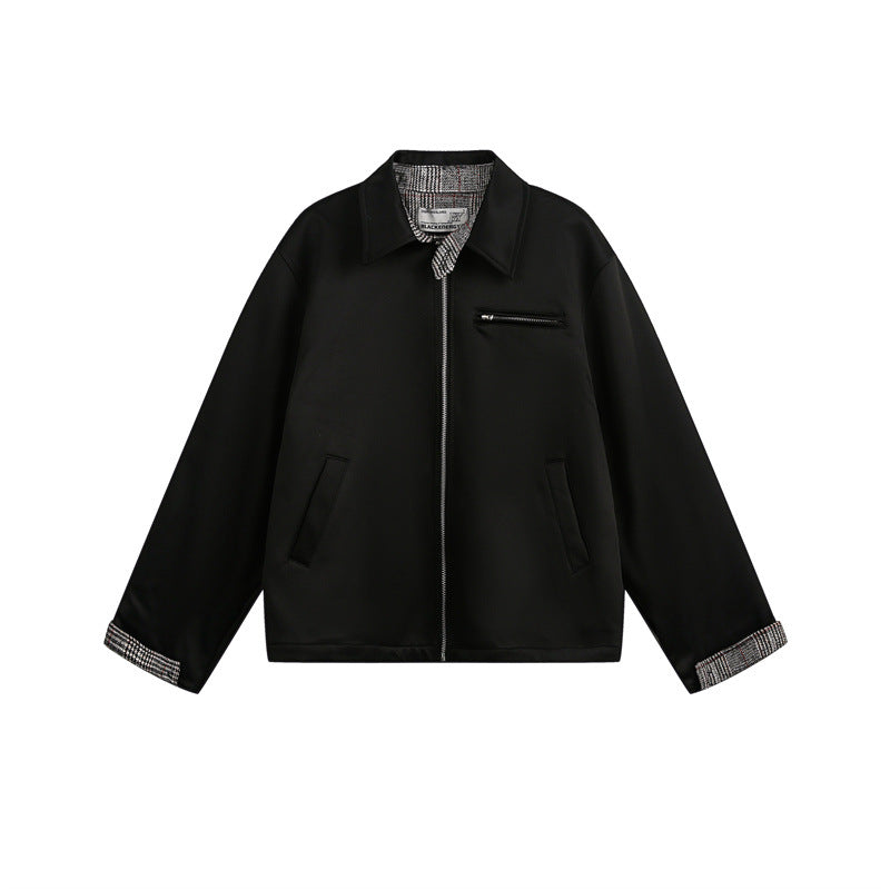 Unisex Short Cut Boxy Blouson Jacket with Checked Lining and Chest Zip Pocket Chichicherry