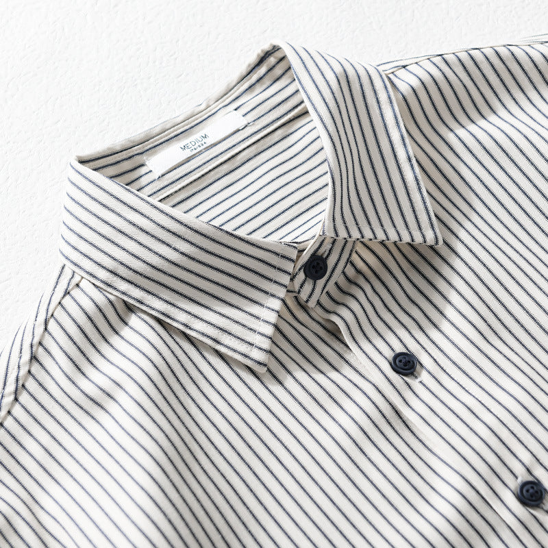 Men's Long Sleeve Shirt with Fine Pinstripes, Contrast Elbows and Rounded Hem Chichicherry