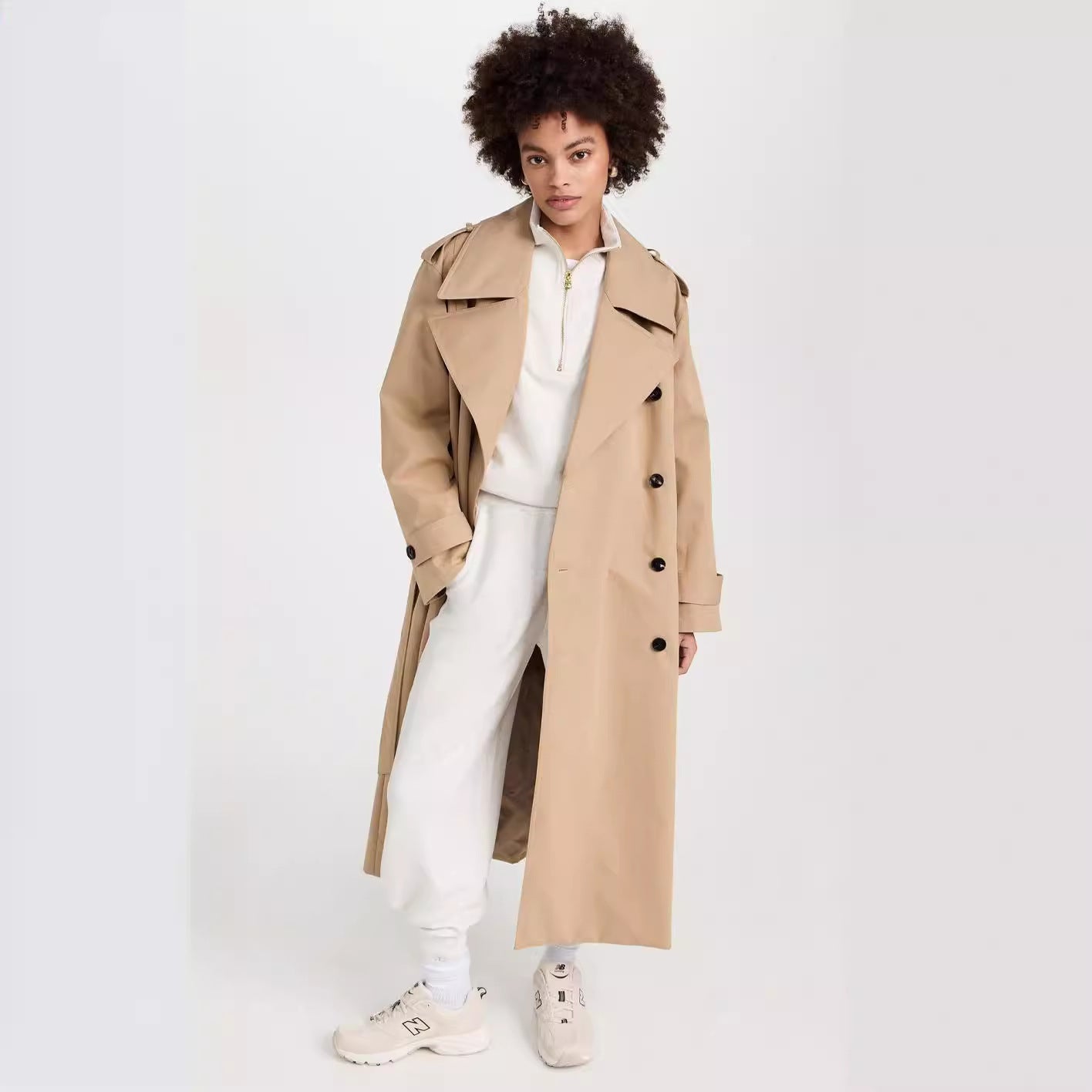 Women's Long Trench Coat made of Cotton Blend with Double-Breasted Button Placket, Waist Belt and Shoulder Flaps Chichicherry