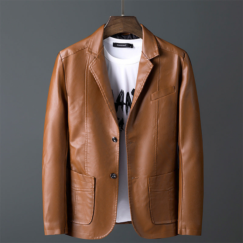 Men's Faux Leather Blazer in Slim Fit with Shirt Collar, Flap Pockets, and Elegant Pilot Silhouette Chichicherry