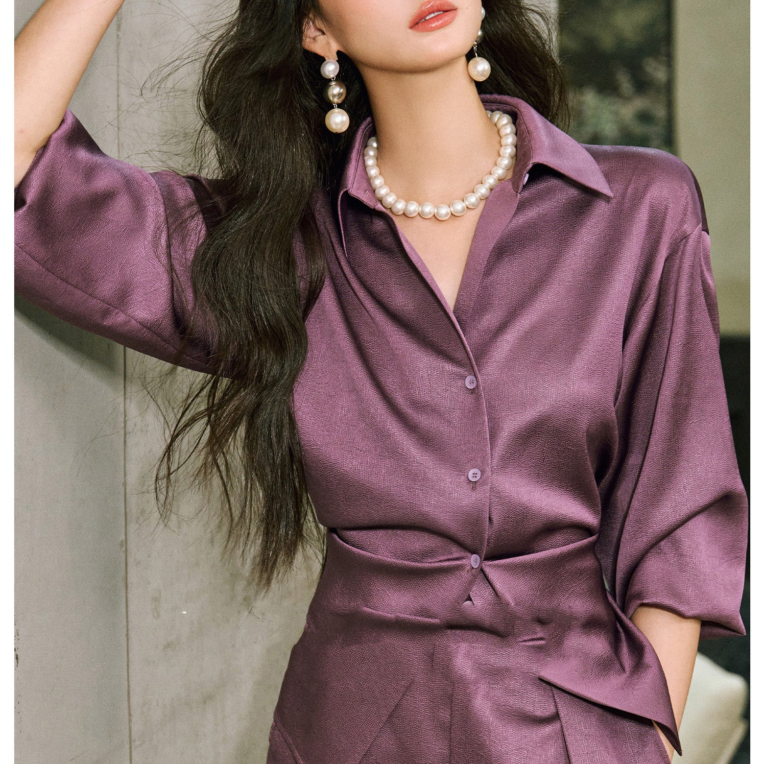 Women's Elegant Blouse with Shimmering Finish and Waist Belt Chichicherry